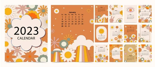 2023 Tafel Kalenderweek Beginnen Zondag Met Groovy Bloem Die Gebruiken — Stockvector