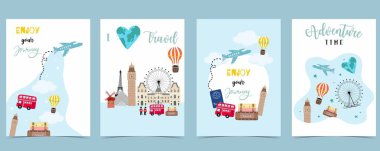 Travel greeting card with luggage,airplane,bus and world