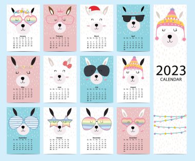 Cute calendar 2023 with llama for children.Can be used for printable graphic 