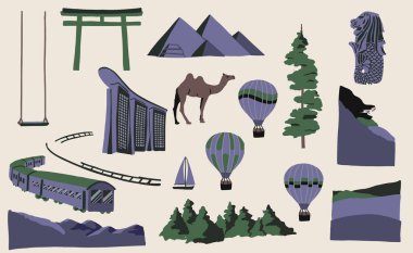 Cute travel collection with moutain, camel, balloon illustration for icon,sticker,printable