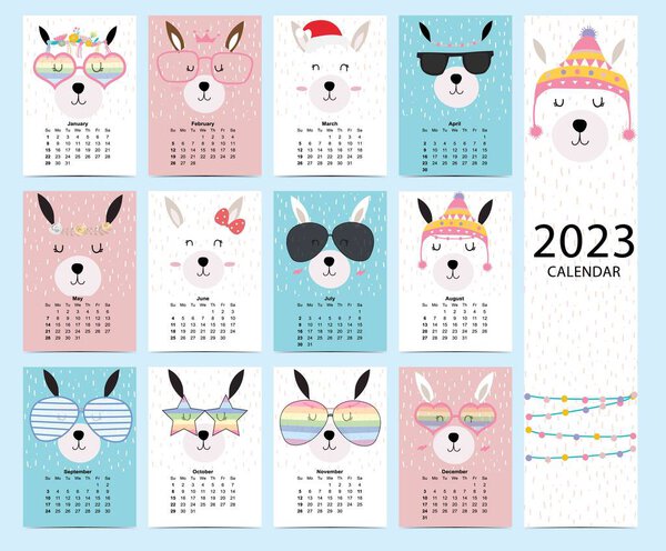 Cute calendar 2023 with llama for children.Can be used for printable graphic 