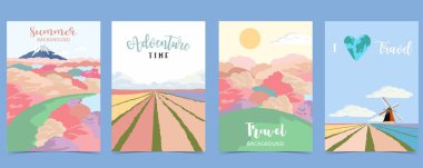 Travel greeting card with flower,field and sky