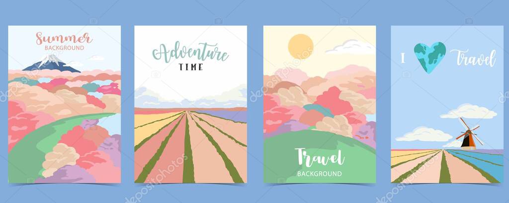 Travel greeting card with flower,field and sky