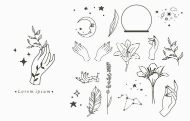 El, geometrik, kristal, ay, göz, yıldız ile güzellik ikonu koleksiyonu