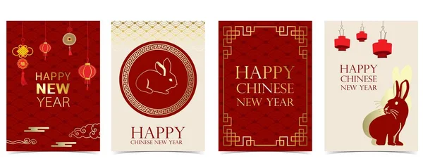 Goud Rode Chinese Nieuwjaarskaart Met Konijn Bloem Maan — Stockvector