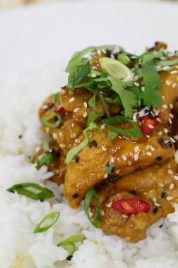 General Tso Asya çıtır çıtır tatlı susamlı tavuk Basmati, yaban pilavı ve taze soğanlı.