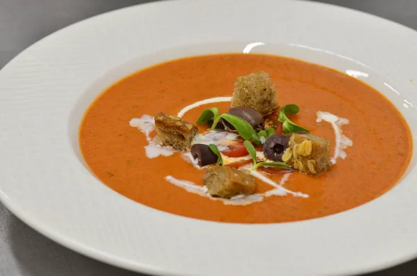 Gazpacho Cold Soup. Spanish Puree with Crouton Bread Gaspacho. Traditional Food.