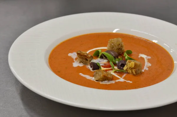 Gazpacho Cold Soup. Spanish Puree with Crouton Bread Gaspacho. Traditional Food.