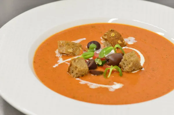 Gazpacho Cold Soup. Spanish Puree with Crouton Bread Gaspacho. Traditional Food.