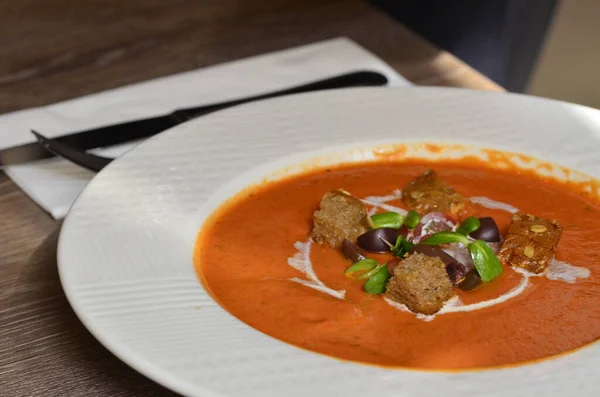 Gazpacho Cold Soup. Spanish Puree with Crouton Bread Gaspacho. Traditional Food.