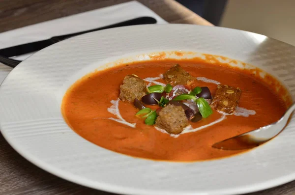 Gazpacho Cold Soup. Spanish Puree with Crouton Bread Gaspacho. Traditional Food.