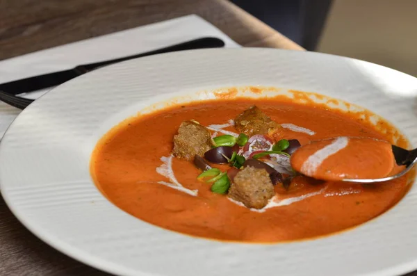 Gazpacho Cold Soup. Spanish Puree with Crouton Bread Gaspacho. Traditional Food.