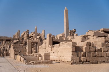 Luxor 'daki Antik Karnak Tapınağı Mısır' ı Mahvetti. Duvarlar. Karnak Tapınağı 'nda dikilitaş ve tüzük. Amon-Ra Tapınağı