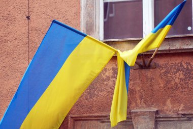 Binanın ön cephesinde Ukrayna 'nın bayrakları var. Tüm gezegende barışı savunan ve bağımsızlık mücadelesi veren, zafer kazanan insanlarla dayanışma göstergesi olarak.