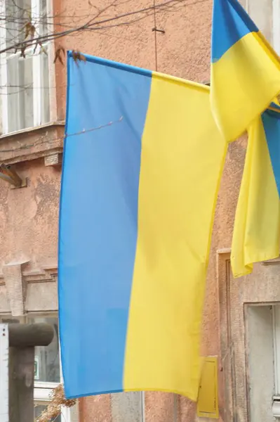 Sarı evin arka planında Ukrayna bayrağı.