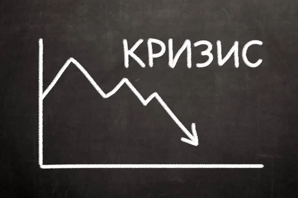 Rusça kriz kelimesi, düşen borsanın finansal grafiğinin yanında. Savaşın patlak vermesi nedeniyle dünyadaki mali, ekonomik ve siyasi kriz kavramı.