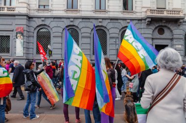 Demonstration for peace, for people's rights, against Russia-Ukraine war. Rainbow flags of peace. April 25th celebration in Italy
