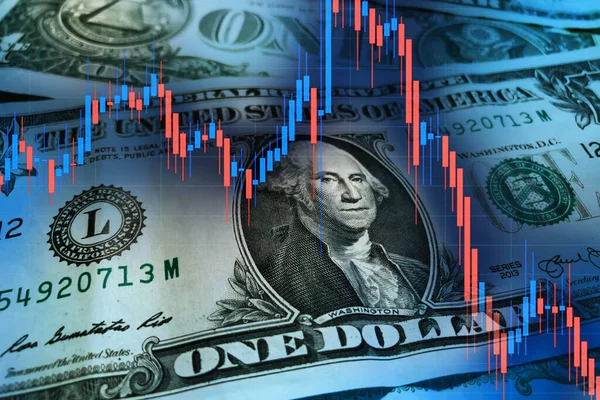 Düşen borsa endeksi grafiğiyle Amerikan doları. Dolar düşüş çizelgesi. Dolar krizi kavramı. Amerika Birleşik Devletleri 'nin ekonomik krizi. ABD ekonomik ve mali krizi.