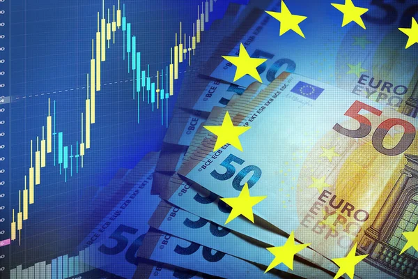 Avrupa para birimi Euro. Borsa ve döviz konsepti. AB para piyasası. Borsa grafiği. 50 Euro. Paranın değeri.