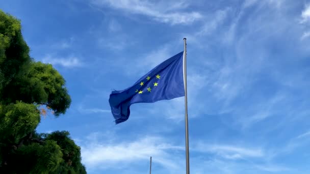 Zeitlupe Weht Die Europaflagge Blauen Himmel Europa Flagge Europäische Union — Stockvideo