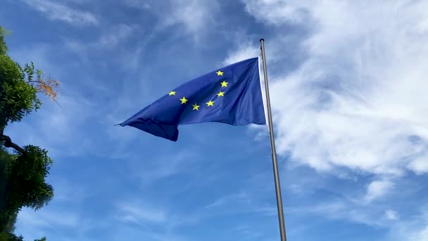 European Flag Waving Blue Sky Slow Motion Europe Flag European — Stok video