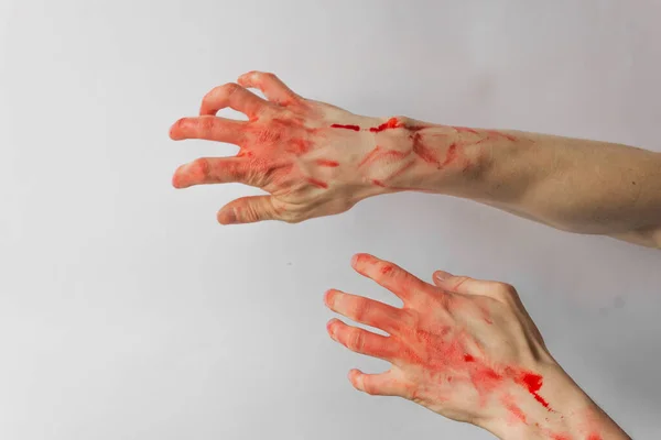 Kanlı Adam Elleri Beyaz Arka Planda Soyutlanmış Bir Katilin Tecavüzcünün — Stok fotoğraf