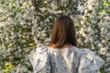 Esmer, esmer bir kadın bahar çiçekli elma bahçesinde yürüyor. Arkadan bak. Cottagecore estetiği. Bahar doğasının tadını çıkar, kırsalda dinlen..