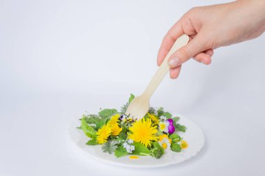 Bir kadının eli taze karahindiba salatasının altında beyaz bir tabakta soğan, salatalık ve zeytinyağıyla ahşap bir çatal tutuyor. Eko aletleri. Superfood, çiğ gıda diyeti konsepti. Vejetaryen yaşam tarzı.