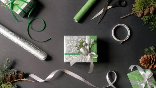 Handmade Festive Gift Box Wrapping Packaging Tools Sharp Sciccors Scotch — Vídeo de stock