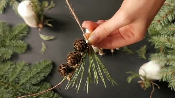 Top View Florist Hands Making Christmas Decor Candles Fir Branch — Stockvideo