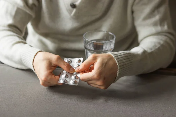Mans Hands Holds Open Silver Blister Pills Ready Take Medicines — Foto de Stock