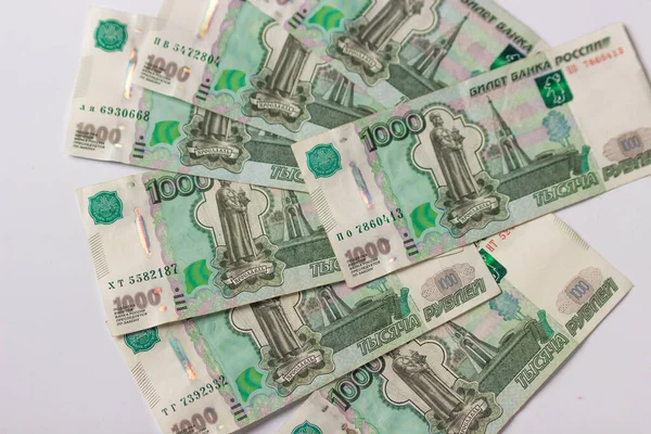 Russian Money Banknote Face Value One Thousand Rubles Fall Devaluation — Zdjęcie stockowe