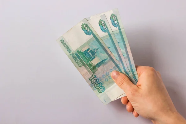 Mans Hand Holds Russian Money Three Thousand Rubles White Background — Zdjęcie stockowe