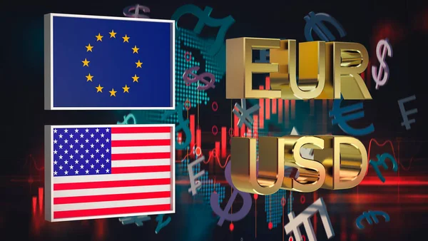 Avrupa Birliği Abd Bayraklarıyla Birlikte Altın Kaplamalı Eur Usd Sembolleri — Stok fotoğraf