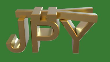 Tarafsız yeşil arka planda altın kaplama JPY Japon yen sembolü. Finans konsepti. 3D oluşturuluyor. İzole edilmiş