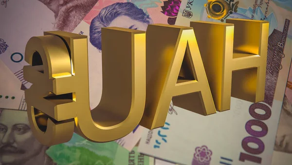 Símbolo Dorado Hryvnia Uah Fondo Los Billetes Papel Ucrania Concepto — Foto de Stock