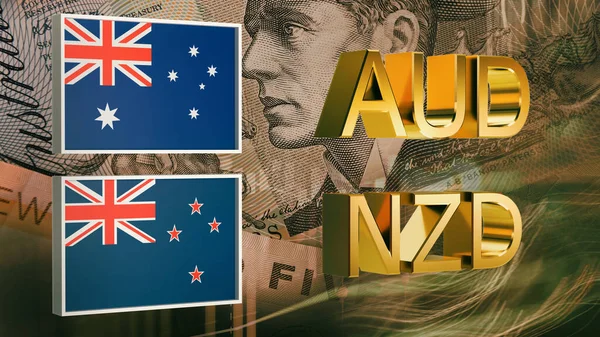 镀金的Aud和Nzd符号 以及澳大利亚和新西兰的国旗 背景是钞票 3D渲染 财务概念 大学生活 — 图库照片