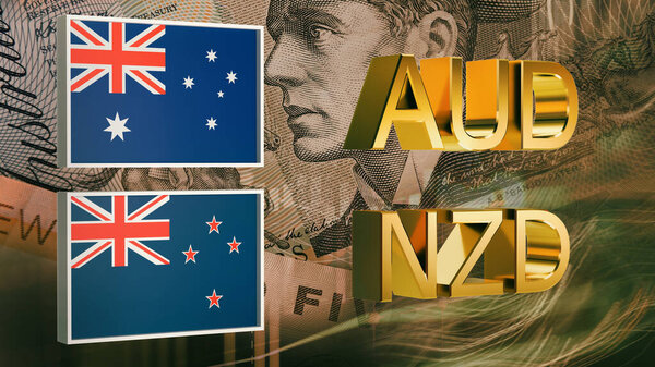 Gold plated AUD and NZD symbols along with the flags of Australia and New Zealand against the background of banknotes. 3D rendering. Finance concept. Collage