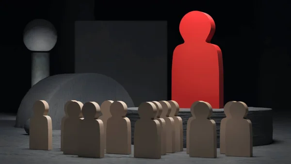 Large red wooden figure of a man stands in front of a crowd of identical white figures against a background of gray abstract figures. Leadership concept. Not like everyone else. 3D rendering
