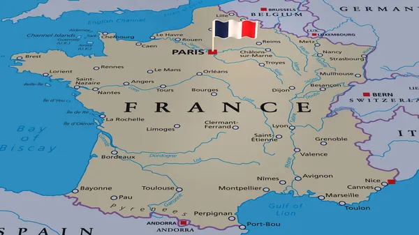 Flaga Francji Mapą Flagową Jest Zainstalowana Mapie Kraju Oznacza Stolicę — Zdjęcie stockowe