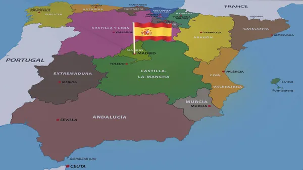 Flag Spain Flagpole Installed Map Country Denotes Capital Madrid Rendering — Stock Photo, Image