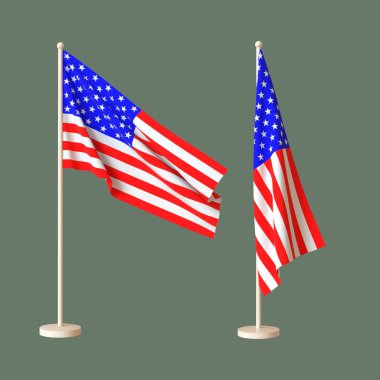 Amerika Birleşik Devletleri bayrakları bayrak direğinde sallanıyor ve tarafsız bir arkaplanda dalgalanıyor. 3 boyutlu görüntüleme. Yerleşim planı. Tasarım için boş. İzole edilmiş.