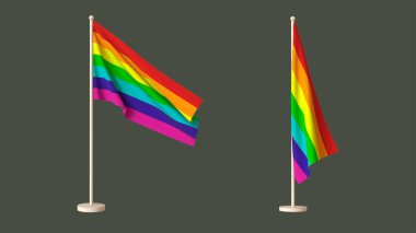 LGBT topluluğunun bayrakları bayrak direğinde sallanıyor ve tarafsız bir arkaplana çarpıyor. 3 boyutlu görüntüleme. Yerleşim planı. Tasarım için boş. İzole edilmiş.