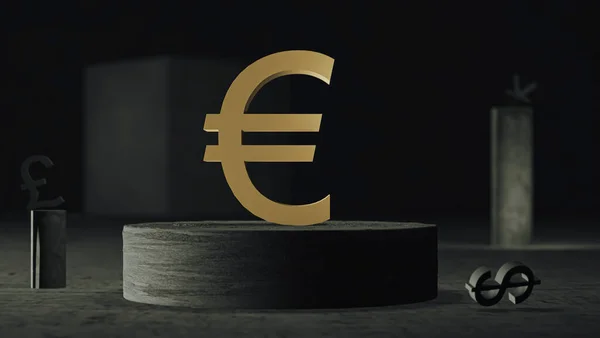Símbolo Euro Dourado Definido Plinto Concreto Contra Fundo Figuras Abstratas — Fotografia de Stock