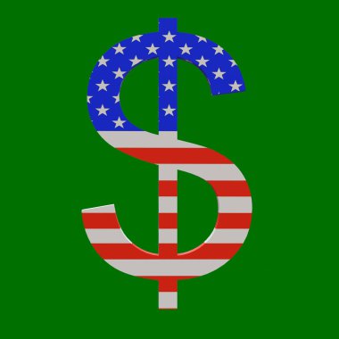 Yeşil tarafsız arka planda Amerikan bayrağının renginde Amerikan doları işareti. 3 boyutlu görüntüleme. Finans konsepti. İzole edilmiş
