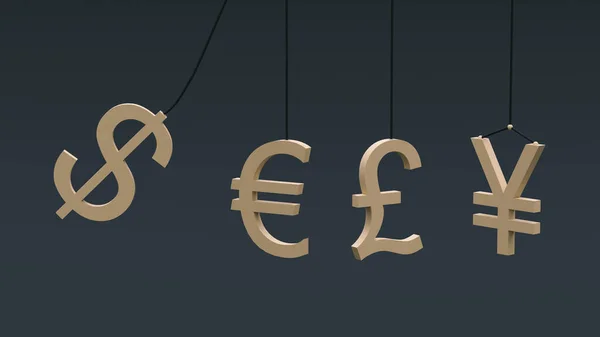 Dollar Rocks Symbols Other Currencies Pendulums Newton Cradle Rendering Finance — Stock Photo, Image