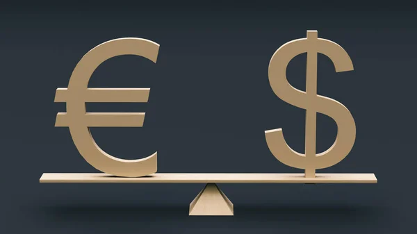 Símbolos Dólar Euro Estão Balanço Contra Fundo Escuro Renderização Conceito — Fotografia de Stock