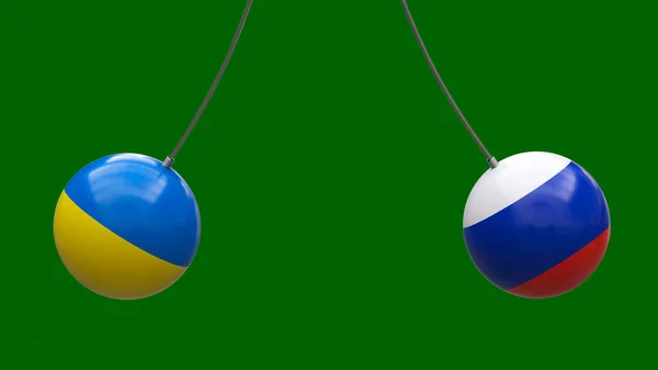 ウクライナとロシアの国旗の色のロープの上のボールは中立的な背景に対して互いに向けられています 3Dレンダリング 設計のためのブランク レイアウト ポリシー コンセプト — ストック写真
