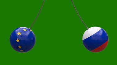 Avrupa Birliği ve Rusya 'nın ulusal bayraklarının renklerindeki iplerdeki toplar tarafsız bir arkaplanda birbirlerine doğru yöneliktir. 3 boyutlu görüntüleme. Tasarım için boş. Yerleşim planı. Politika