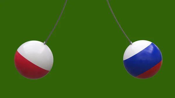 ポーランドとロシアの国旗の色のロープの上のボールは中立的な背景に対して互いに向けられています 3Dレンダリング 設計のためのブランク レイアウト ポリシー コンセプト — ストック写真